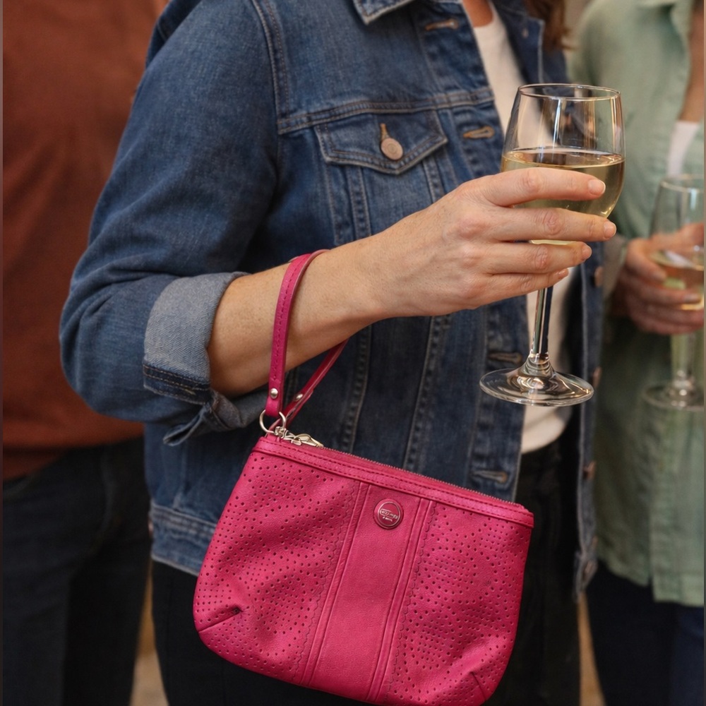 🌸 Coach Hot Pink Perforated Leather Wristlet
